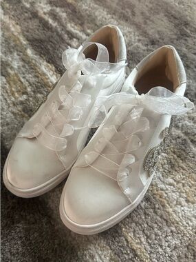 Betsey Johnson White Satin Ribbon Sneakers with Crystal Heart Accent